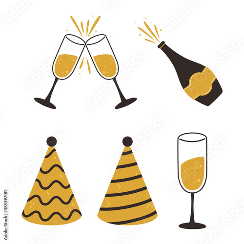 happy new year, party hats champagne bottle and cups icons