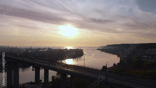 Sunrise View Of Asparuhov Bridge Over Lake Varna In Varna, Bulgaria - aerial photo