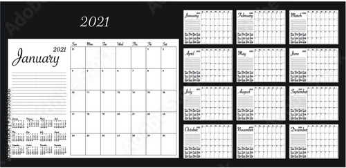 Year 2021 desk calendar vector illustration, simple and clean design. 
