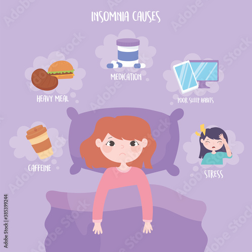 insomnia, reasons of disease heavy meal medicine caffeine stress and poor sleep habits