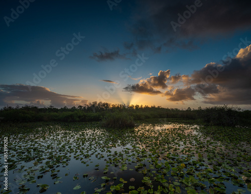 Sun Rays Cut Through Horizon Over Everglades