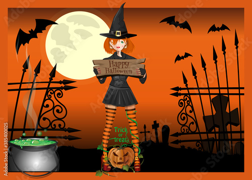 Halloween card with a girl in the cemetery in a witch costume. Halloween banner, flyer. Vector illustration