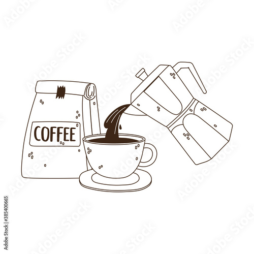 international day of coffee, kettle pouring on cup and package product line style