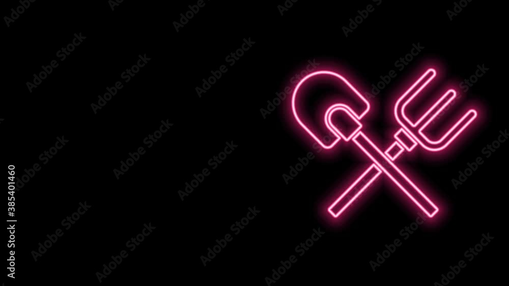 Glowing neon line Shovel and rake icon isolated on black background. Tool for horticulture, agriculture, gardening, farming. Ground cultivator. 4K Video motion graphic animation Glowing neon line Shovel and rake icon isolated on black background. Tool for horticulture, agriculture, gardening, farming. Ground cultivator. 4K Video motion graphic animation