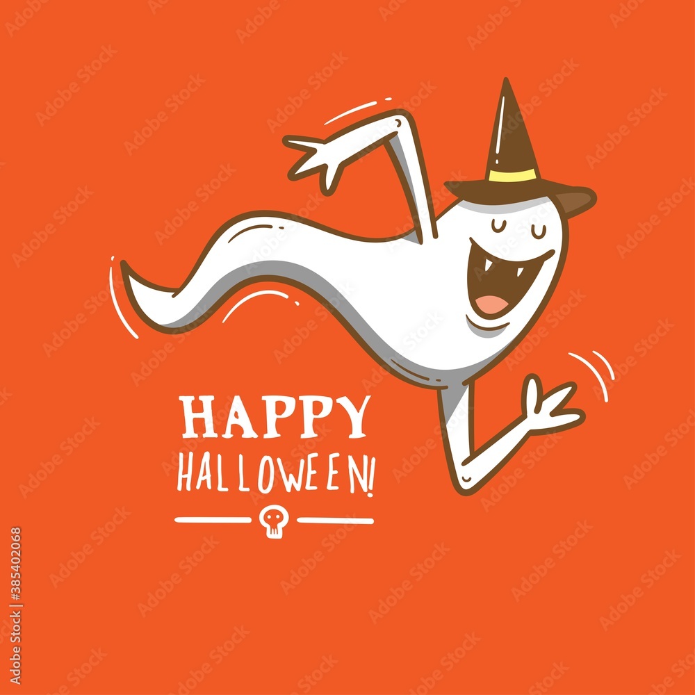 Fototapeta premium Doodle card with cute cartoon ghost in hat. Fabulous fictional character. Halloween poster. Vector contour colorful image.