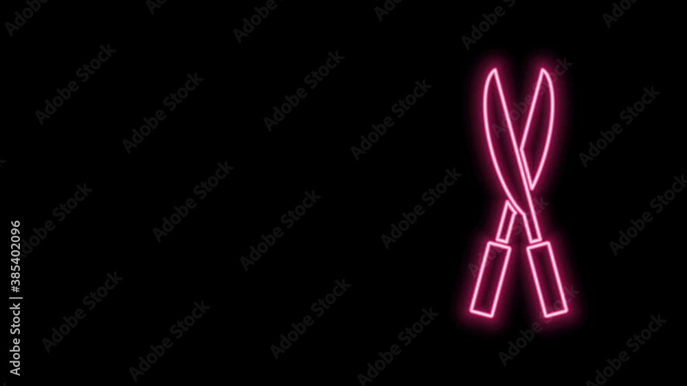 Glowing neon line Gardening handmade scissors for trimming icon isolated on black background. Pruning shears with wooden handles. 4K Video motion graphic animation Glowing neon line Gardening handmade scissors for trimming icon isolated on black background. Pruning shears with wooden handles. 4K Video motion graphic animation