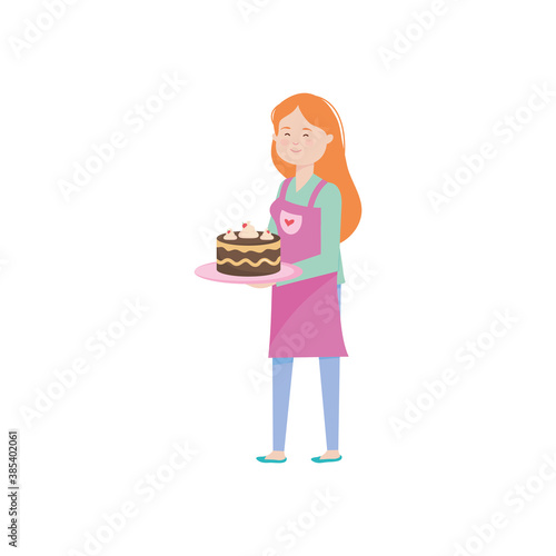 cartoon woman holding a cake, flat style