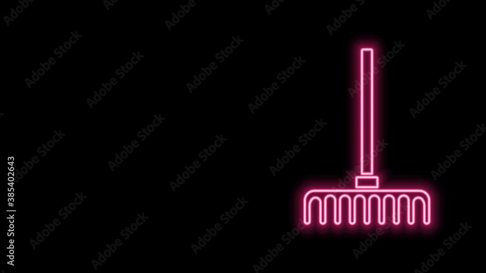 Glowing neon line Garden rake icon isolated on black background. Tool for horticulture, agriculture, farming. Ground cultivator. 4K Video motion graphic animation Glowing neon line Garden rake icon isolated on black background. Tool for horticulture, agriculture, farming. Ground cultivator. 4K Video motion graphic animation