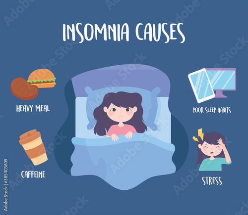 insomnia, sleep disorder causes caffeine heavy meal medicine stress and bad habits