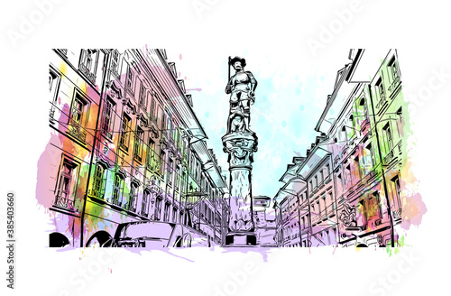 Building view with landmark of  Bern is the de facto capital of Switzerland. Watercolor splash with hand drawn sketch illustration in vector.