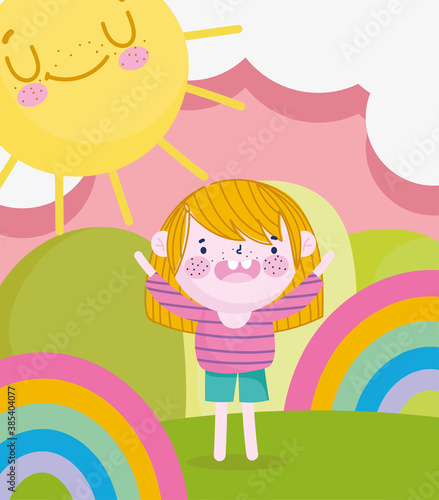 childrens day, cartoon boy in the magic scene with rainbows and sun