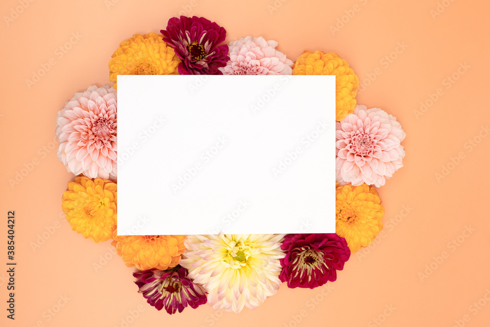 Dahlia flower flat lay with blank card