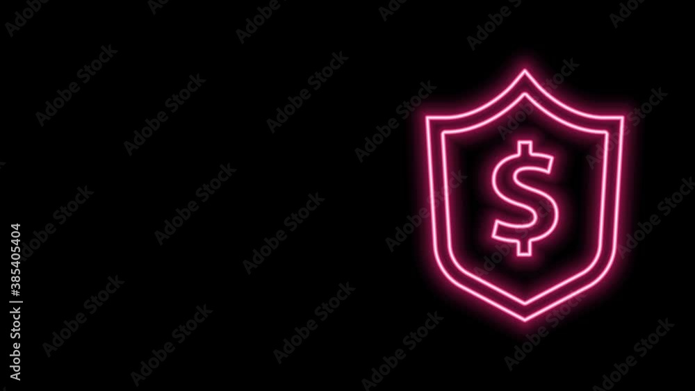 Glowing neon line Shield with dollar symbol icon isolated on black background. Security shield protection. Money security concept. 4K Video motion graphic animation