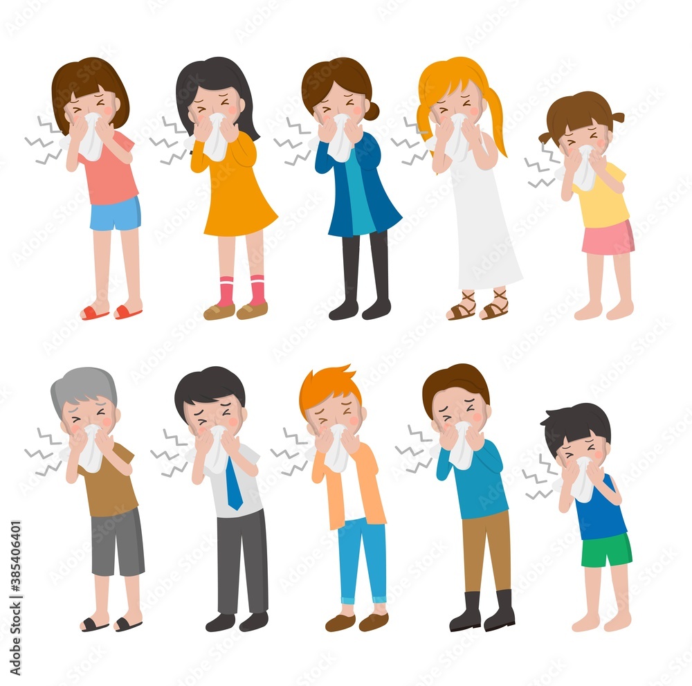10 kinds of cartoon characters vector set of man and woman with children, runny nose, cold, flu, pollen
