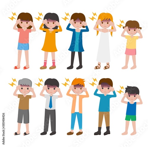 10 kinds of cartoon characters vector set of man and woman with children, headache, fever, disease