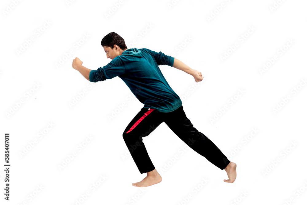 Isolated shot of a boy running isolated on white.