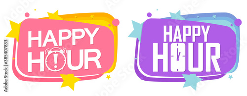 Happy Hour banners design template, sale tags, vector illustration