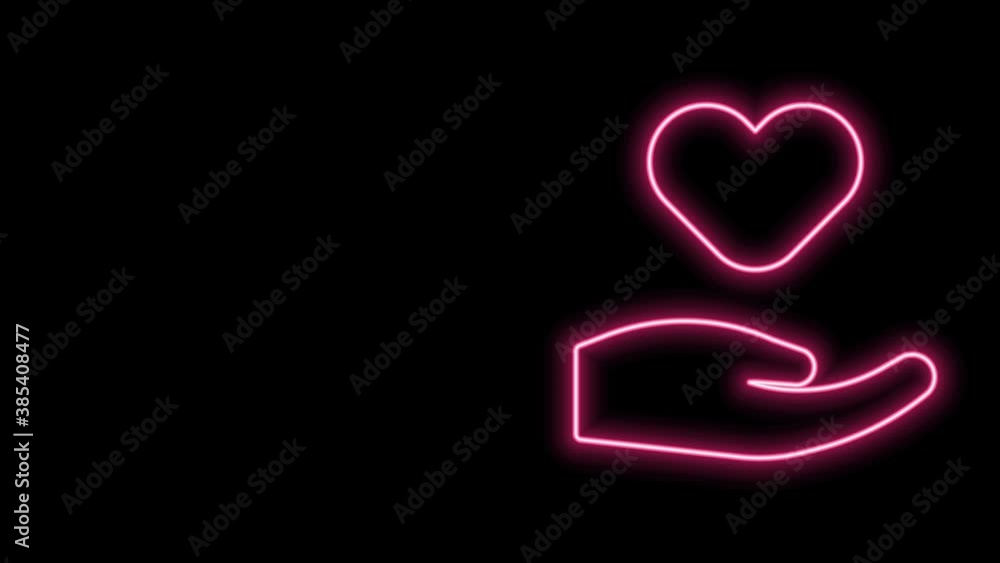 Glowing neon line Heart in hand icon isolated on black background. Hand giving love symbol. Valentines day symbol. 4K Video motion graphic animation Glowing neon line Heart in hand icon isolated on black background. Hand giving love symbol. Valentines day symbol. 4K Video motion graphic animation