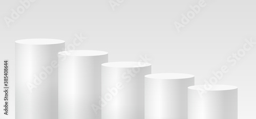 Cylinder podium scene, winner pedestal. White cylinder template for showroom podium scene. Vector white pedestal for product presentation.