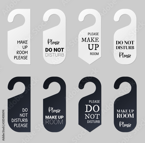 Door hangers for hotel room. Set of white and black label hanger with text for hotel or resort. Template mockup with text Do not disturb and Make up room. Vector illustration for promotion decoration.