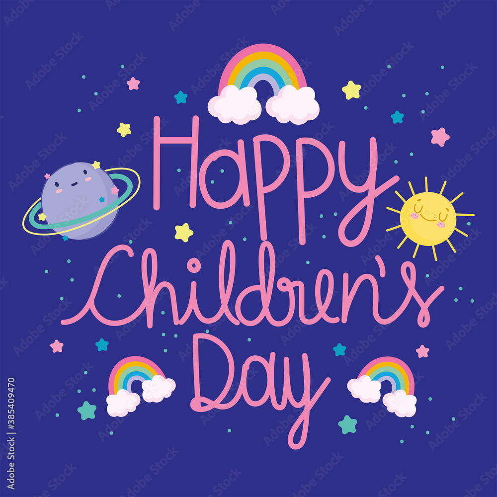 Fototapeta premium childrens day, cartoon hand drawn lettering rainbows planet sun stars celebration card
