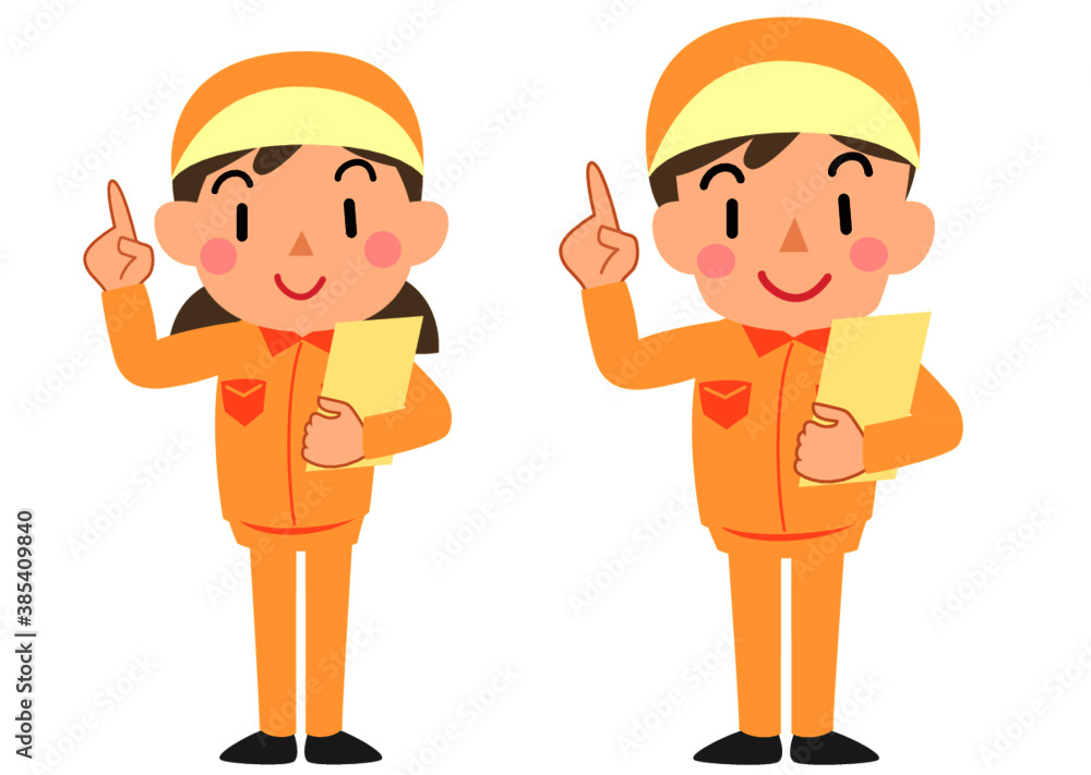 指をさす作業服を着た女性と男性