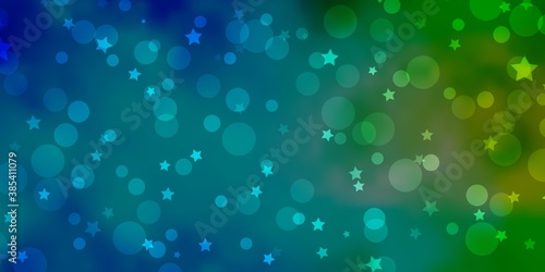 Light Blue, Green vector texture with circles, stars. Glitter abstract illustration with colorful drops, stars. Pattern for design of fabric, wallpapers.