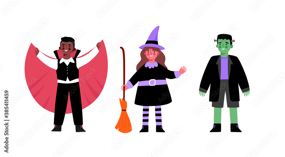 Cute Halloween Set of cartoon characters. Children in costumes for Halloween. Witch, vampire, dracula, Frankenstein's monster,zombie. Funny and cute carnival kids set. Vector illustration.