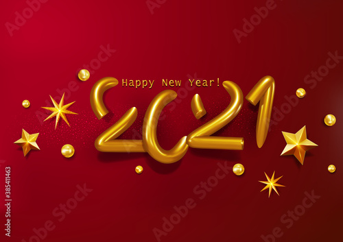 Volumetric Gold text Happy New Year 2021with gold stars on red background. Luxury Festive congratulations card. Realistic Vector illustration. Modern design banner or poster or holiday card