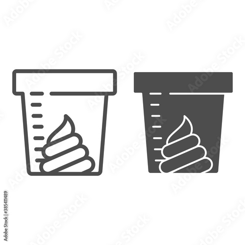Stool sample for analysis line and solid icon, Medical tests concept, fecal analysis sign on white background, Stool test in a plastic jar icon in outline style for mobile and web. Vector graphics.