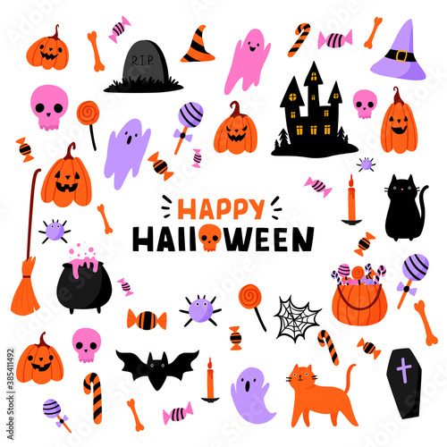 Cute Halloween flat cartoon vector set. Pumpkin  ghost  cat  bat  candy and other traditional elements. Lettering phrase Happy Halloween .Halloween Design Elements for packaging  cards  posters.