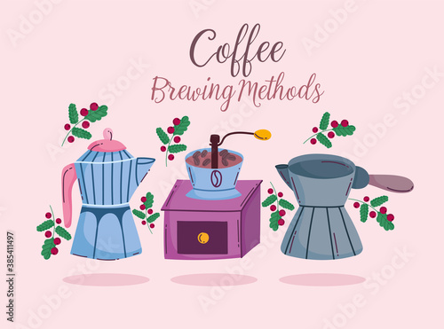 coffee brewing methods, manual grinder moka pot and cezve turkish card