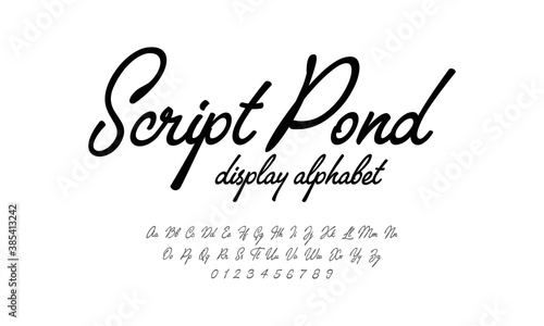 Script font display alphabet. Handwriting style fonts set. Typography a to z and numbers.