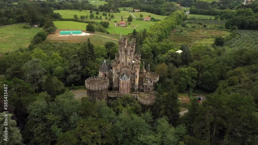 Butron Castle, Typical Fairy-Tale Architecture, Gatika, Spain AERIAL Butron Castle, Typical Fairy-Tale Architecture, Gatika, Spain AERIAL