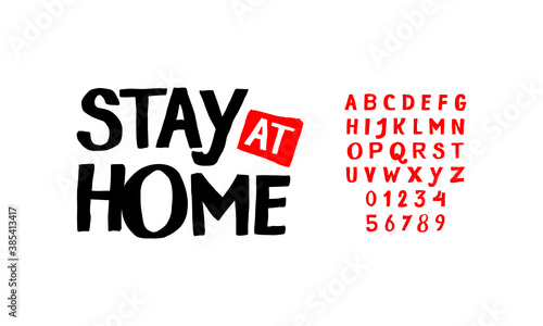 Stay at home. Typography doodle kids design. Vector illustration alphabet font. About corona virus disease typeface.