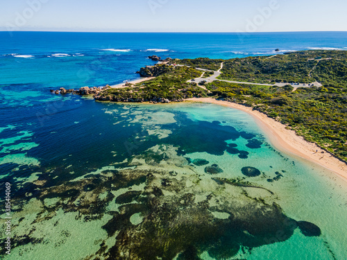 Aerial view of Point Peron and Shoalwater Bay with rocky limestone formations and seagrass.