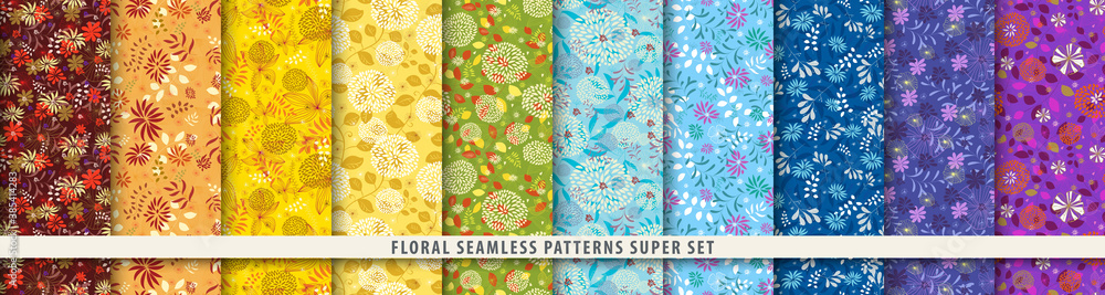 Floral seamless textile pattern set. Flowers and leaves.. Colorful vector fabric background. Floral seamless textile pattern set. Flowers and leaves.. Colorful vector fabric background.