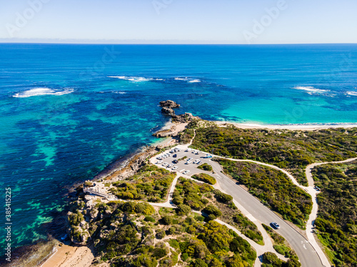 Aerial view of Point Peron and Shoalwater Bay with rocky limestone formations and seagrass.