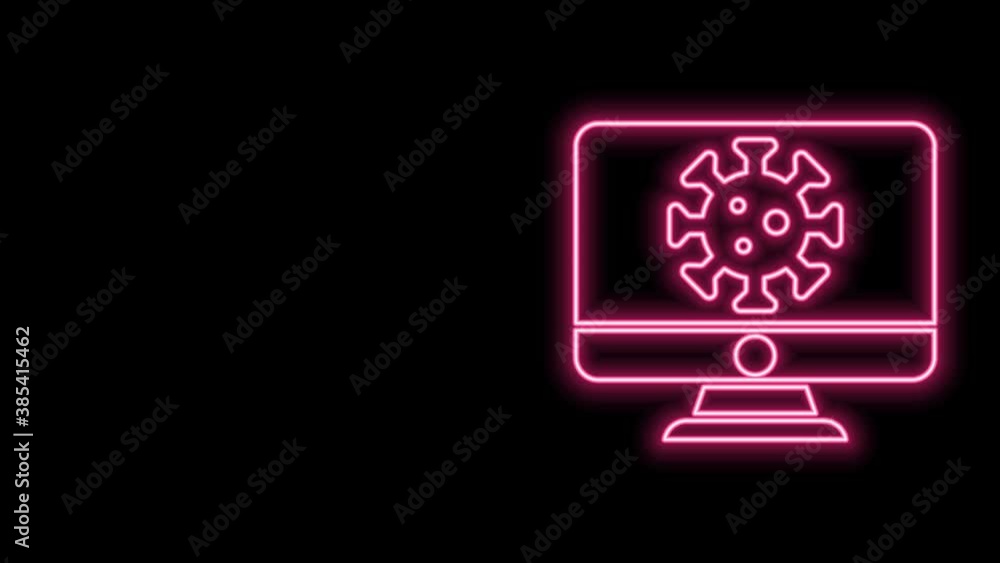 Glowing neon line Virus statistics on monitor icon isolated on black background. Corona virus 2019-nCoV. Bacteria and germs, cell cancer, microbe, fungi. 4K Video motion graphic animation Glowing neon line Virus statistics on monitor icon isolated on black background. Corona virus 2019-nCoV. Bacteria and germs, cell cancer, microbe, fungi. 4K Video motion graphic animation