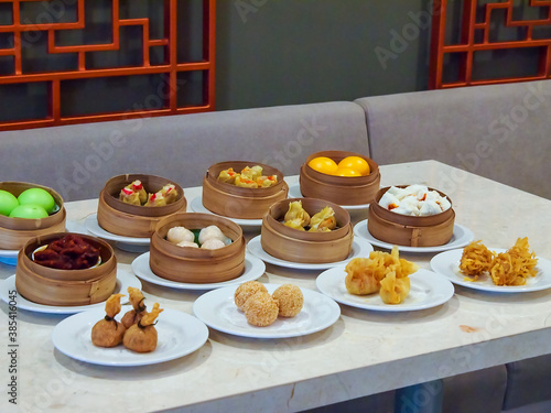 dim sum in bamboo steamer, chinese cuisine