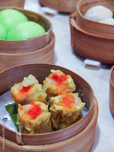 dim sum in bamboo steamer, chinese cuisine
