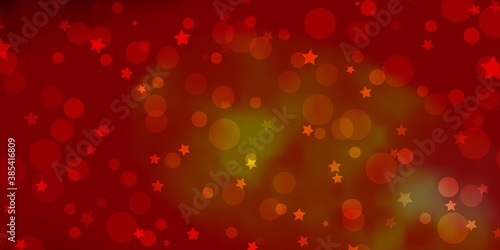 Light Red, Yellow vector pattern with circles, stars. Illustration with set of colorful abstract spheres, stars. Texture for window blinds, curtains.