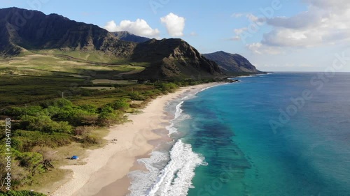 Wallpaper Mural arial along the white beach, Big Island Hawaii. blue sky with clouds on a sunny day. 
no people. beautiful mountains in the distance. 4K UHD Torontodigital.ca