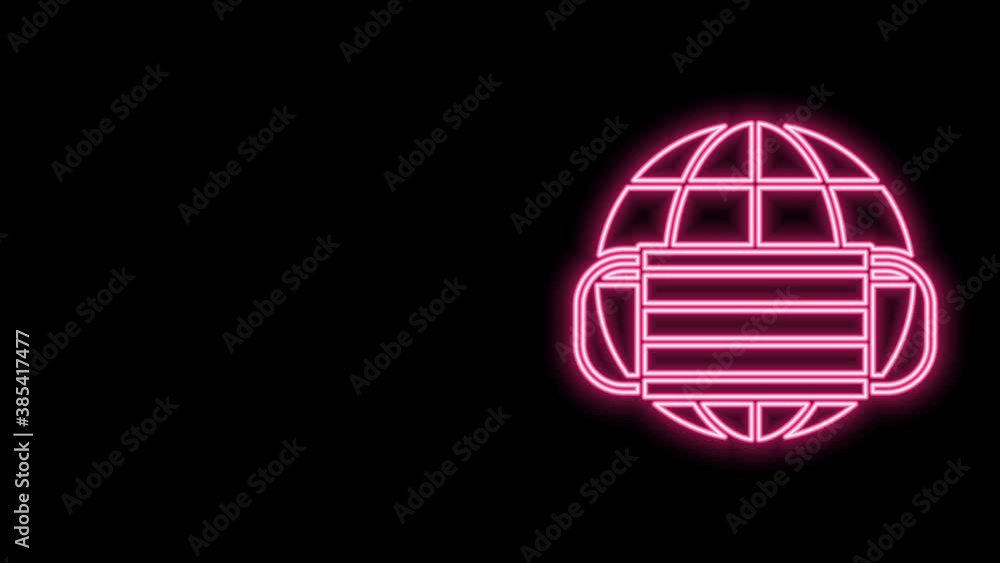 Glowing neon line Earth globe with medical mask icon isolated on black background. 4K Video motion graphic animation Glowing neon line Earth globe with medical mask icon isolated on black background. 4K Video motion graphic animation