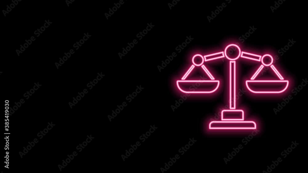 Glowing neon line Scales of justice icon isolated on black background. Court of law symbol. Balance scale sign. 4K Video motion graphic animation Glowing neon line Scales of justice icon isolated on black background. Court of law symbol. Balance scale sign. 4K Video motion graphic animation