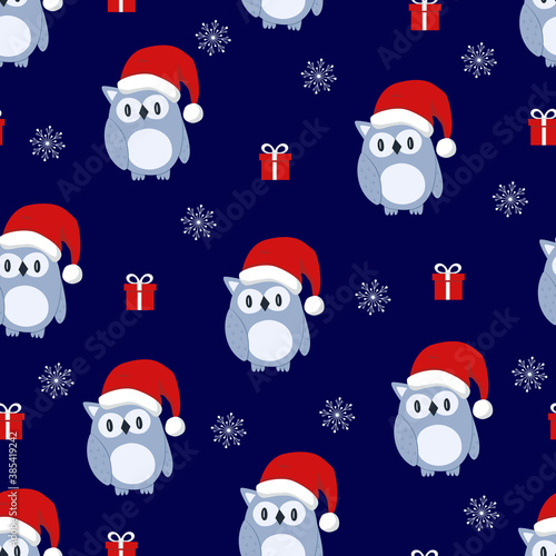 Seamless pattern Christmas dark night Owl snowflakes Santa hat box gift. Vector illustration.