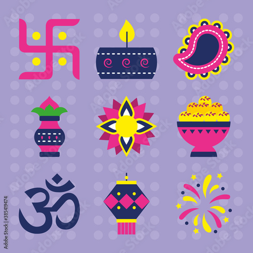 icon set of ohm symbol and diwali, flat style