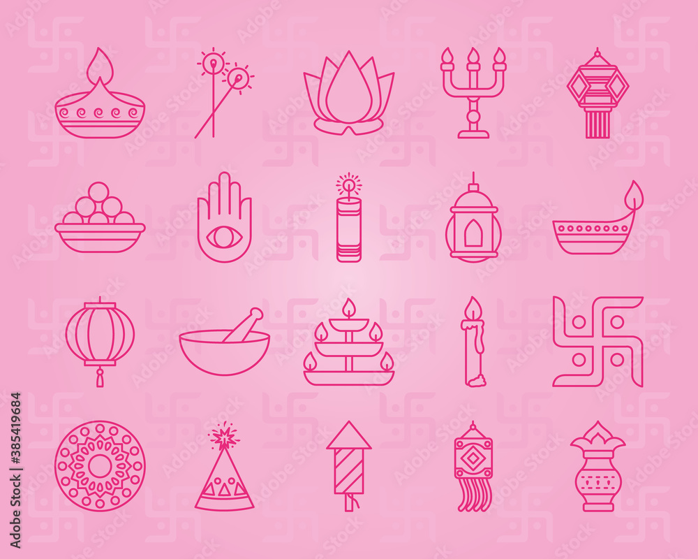 icon set of diwali and hamsa hand, line style icon set of diwali and hamsa hand, line style