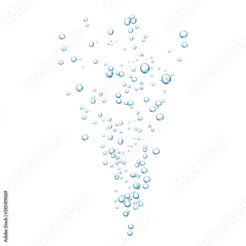 Blue fizzy bubbles. Sparkles underwater stream in water, sea, aquarium. Fizzy pop and effervescent drink. Abstract fresh soda bubbles. Vector illustration.
