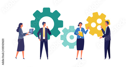 Metaphor of teamwork, strategy, connecting. Flat design vector illustration of business people.